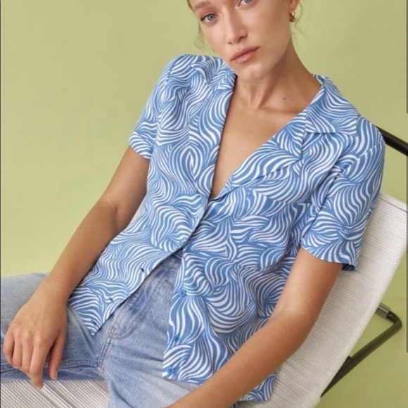 Reformation Blue and White Button Down Shirt - Cuba top - Picture 1 of 10